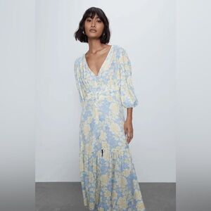 Zara Pastel Blue and Yellow Floral Midi Dress
